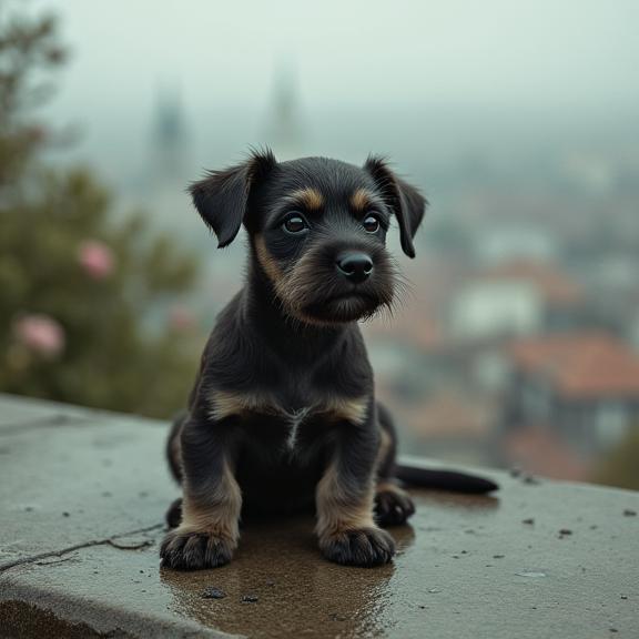 stylized by Peter Lindbergh and Alfred Cheney Johnston and Herbert List , photograph, intricate background, extreme wide shot of a Terrible Ordered Miniature Schnauzer Puppy of Concrete