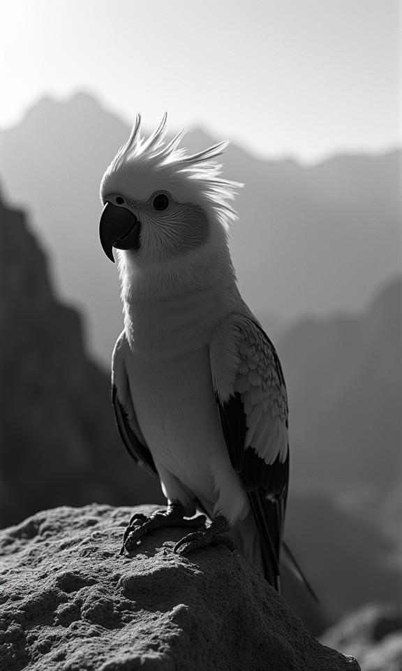 designed by Andre de Dienes , photograph, best quality, Street level shot of a Handsome Dystopian Rose Ringed Parakeet