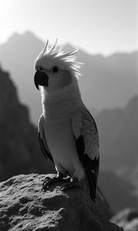 designed by Andre de Dienes , photograph, best quality, Street level shot of a Handsome Dystopian Rose Ringed Parakeet