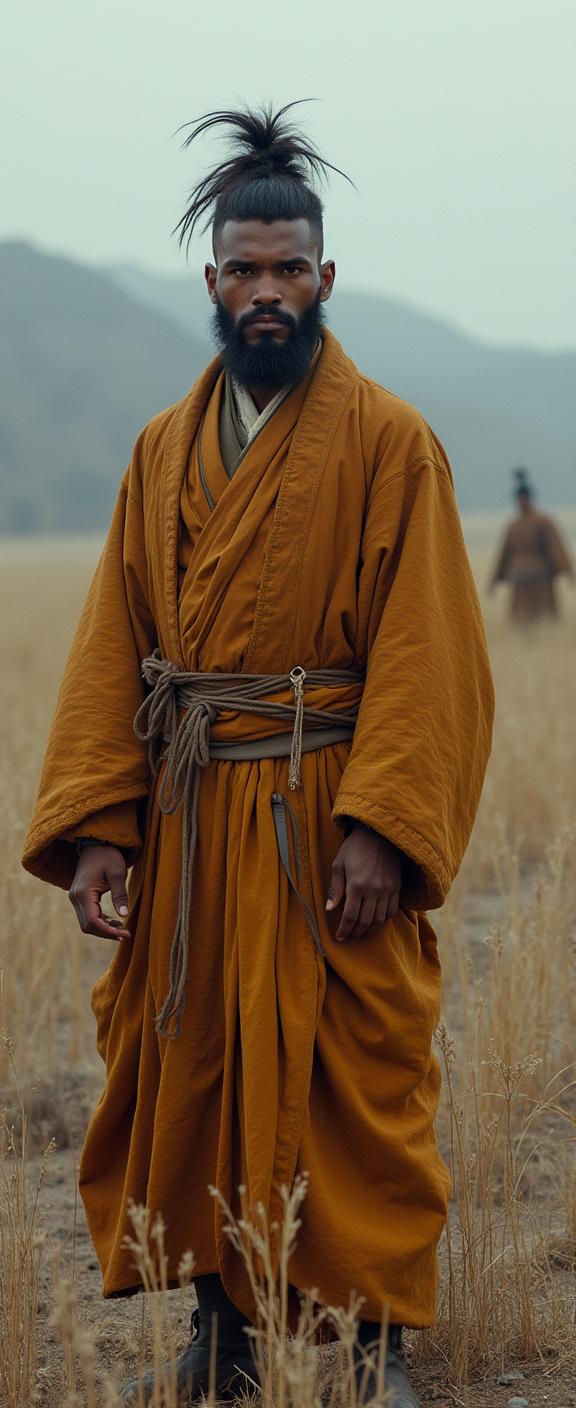 photograph, masterpiece, body shot of a Impressive Mean buff traditional Venezuelan Male Shaolinn Monk , his hair is traditional Congolese and styled as Spiky