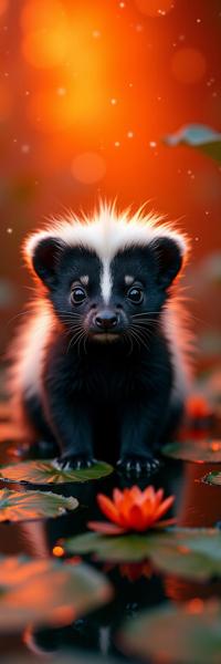 photograph, elegant, two shot angle of a Bewitching Grouchy Skunk , detailed fluorescent orange and Red background
