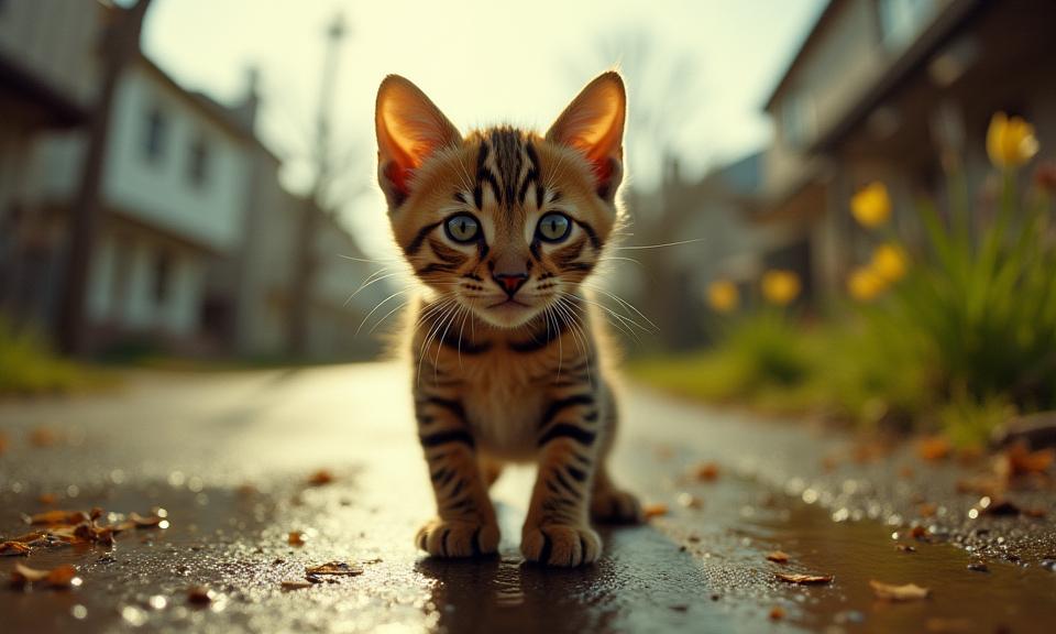 stylized by Gertrude K sebier and Nick Knight , photograph, Rule of Thirds, Street level shot of a Furry Functional Bengal Kitten