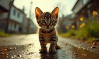 stylized by Gertrude K sebier and Nick Knight , photograph, Rule of Thirds, Street level shot of a Furry Functional Bengal Kitten
