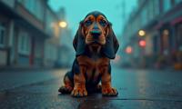designed by Ando Fuchs , photograph, DayGlo theme , medium shot of a Basset Hound Puppy