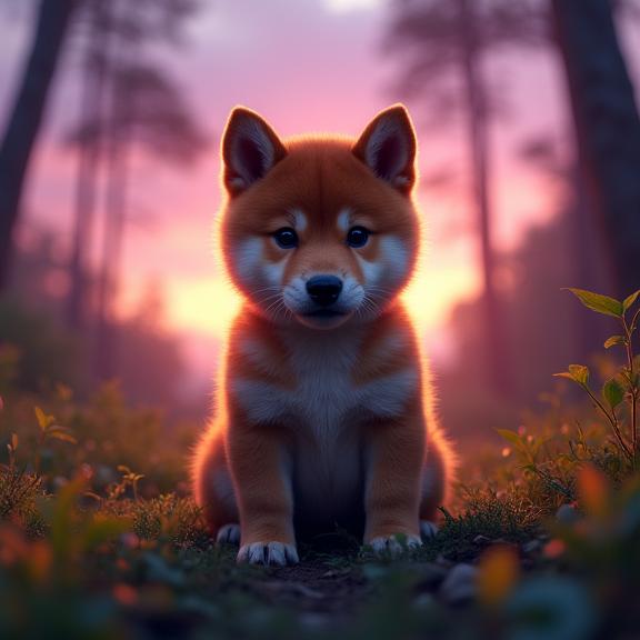 photograph, Purple theme , low angle shot of a Melancholy Absurd Shiba Inu Puppy , detailed copper and dark green background
