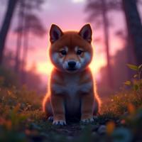 photograph, Purple theme , low angle shot of a Melancholy Absurd Shiba Inu Puppy , detailed copper and dark green background