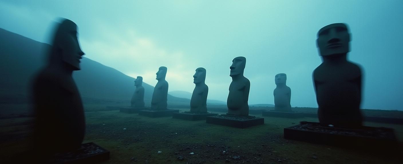 art by Ilse Bing and Roy DeCarava and Kati Horna , photograph, masterpiece, landscape of a Profound Doubtful Dahngrest from inside of a Easter Island Moai Statues