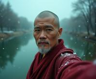 photograph, desolate lake and foliage, fairy tale, selfie shot angle of a Tasteful Energizing light weight Fijian Male Shaolinn Monk