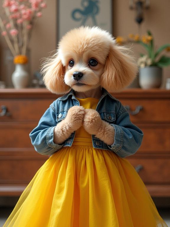 photograph, intricate background, deep yellow theme , zoomed out of a petite Cuban Poodle Puppy of Future