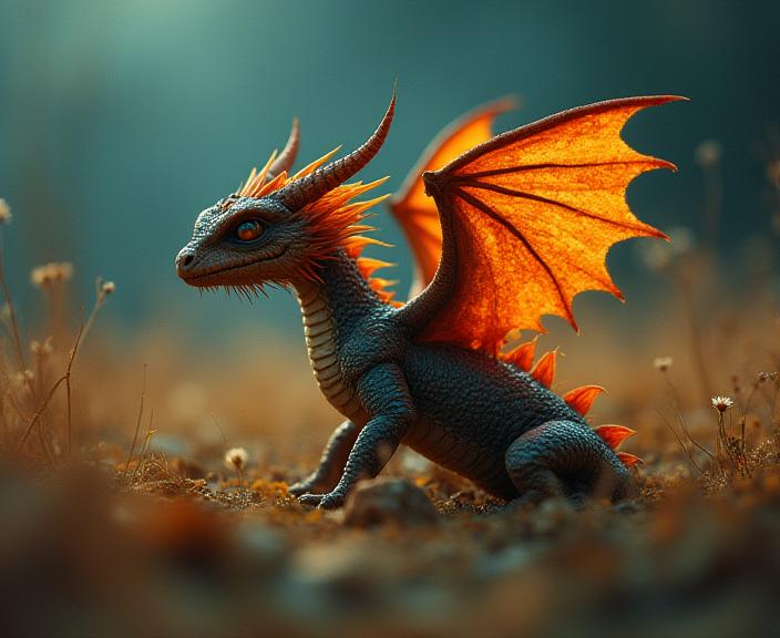 art by Tim Walker , photograph, intricate background, Sharp focus of a Tiny Gloomy Amber dragon