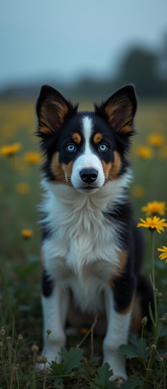 designed by William Wegman and Dorothea Lange , photograph, Hopeful, soft focus of a Unforgettable Depressing hybrid Collie Puppy of Sloth