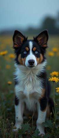 designed by William Wegman and Dorothea Lange , photograph, Hopeful, soft focus of a Unforgettable Depressing hybrid Collie Puppy of Sloth