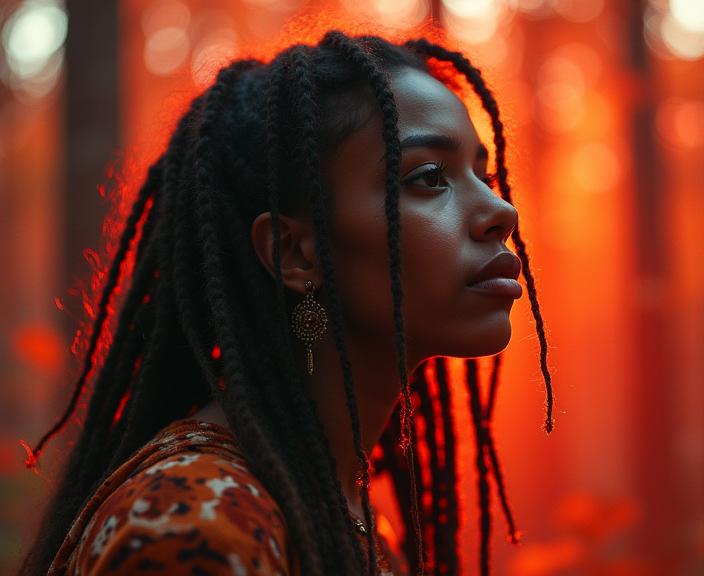 stylized by Mikko Lagerstedt and Gilbert Garcin , photograph, deep red theme , angle from below of a Lo Fi Sad full figured Aborigine Female Trickster