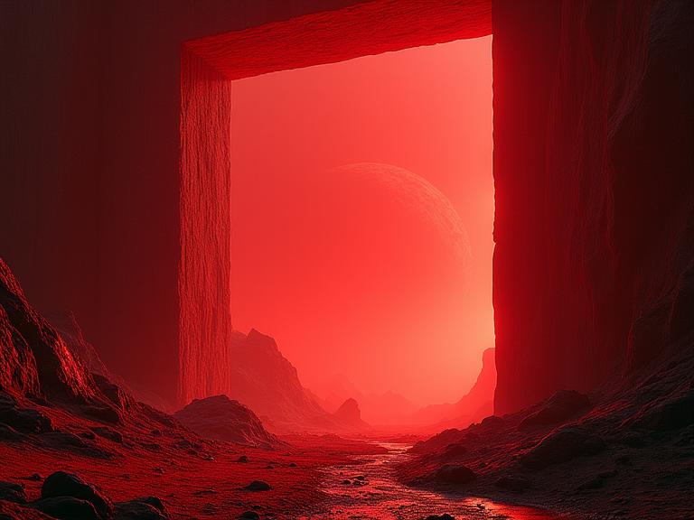 photograph, intricate details, landscape of a Remarkable Intuitive Red Square from inside of a Monolith, lord of the rings scenery landscape