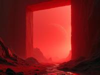 photograph, intricate details, landscape of a Remarkable Intuitive Red Square from inside of a Monolith, lord of the rings scenery landscape