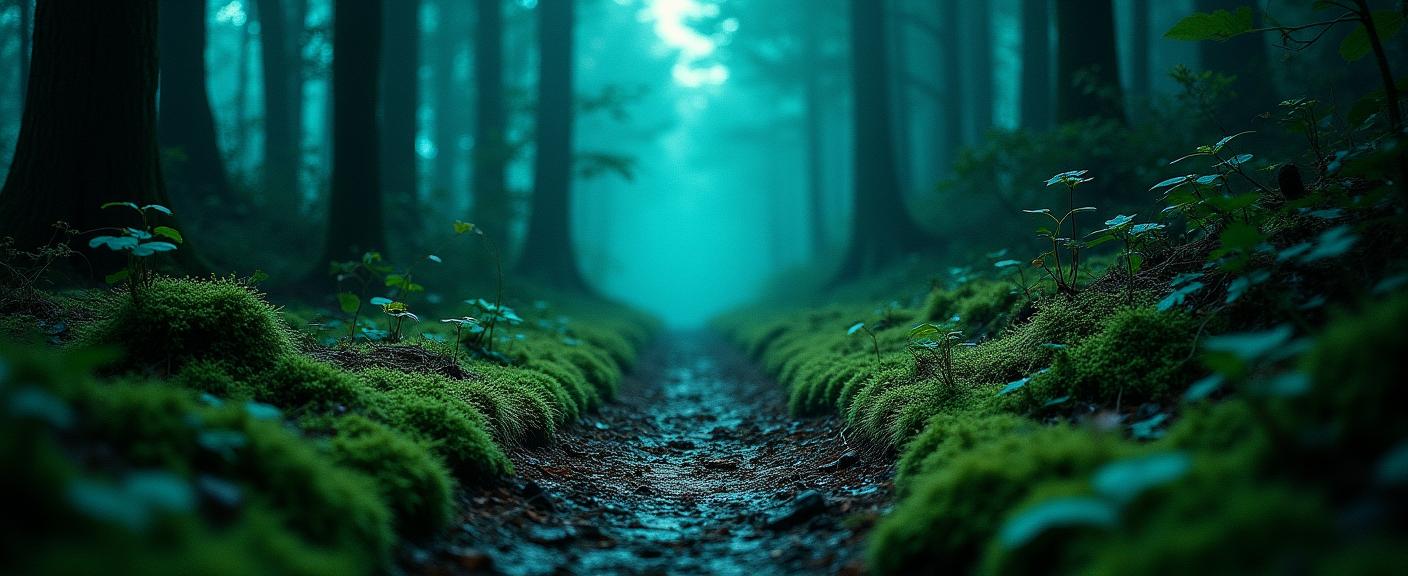 photograph, gritty realism, full body shot of a Glow In The Dark Evocative Silent footfalls on mossy paths, a communion with nature s secrets