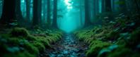 photograph, gritty realism, full body shot of a Glow In The Dark Evocative Silent footfalls on mossy paths, a communion with nature s secrets