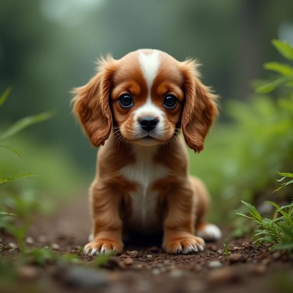 photograph, concept art, shoulder level shot of a Cavalier King Charles Spaniel Puppy , it is very Cartoony and Nutty
