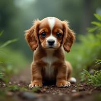 photograph, concept art, shoulder level shot of a Cavalier King Charles Spaniel Puppy , it is very Cartoony and Nutty