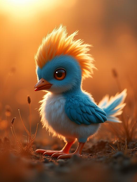 photograph, highly detailed, Long exposure of a Feathery Striking baby Armor Bird Pok mon of Magic , simple Orange and Blue background