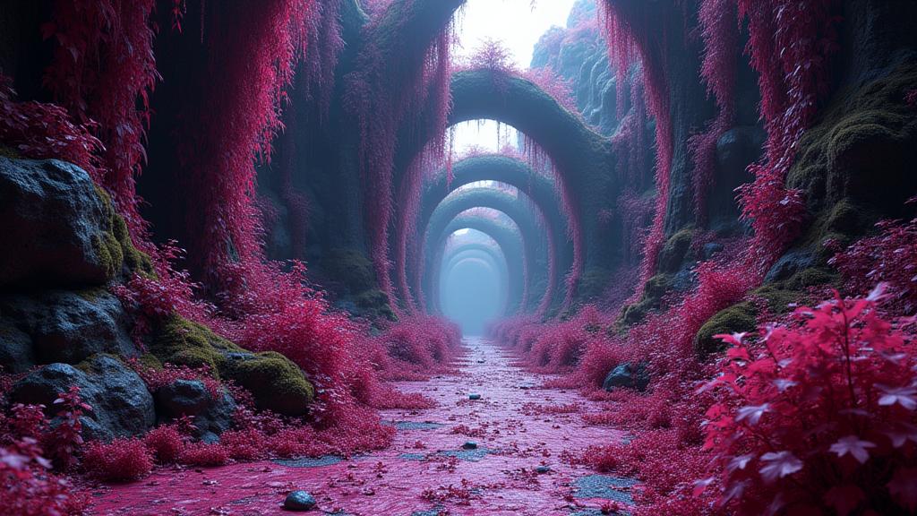 photograph, hyper detailed, Fuchsia theme , angle from below of a Sci fi Dungeon