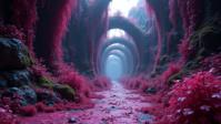 photograph, hyper detailed, Fuchsia theme , angle from below of a Sci fi Dungeon