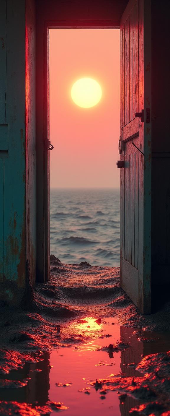 photograph, desolate water and Venusian atmosphere in background, insane details, long shot of a Airy Slimy Time of Troubles