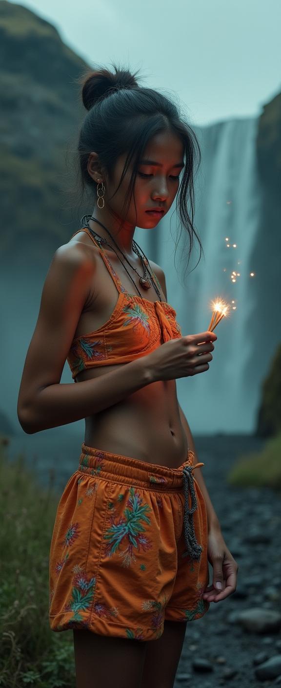 photograph, concept art, aerial shot of a Vintage Desperate small Colombian Sister , she is holding a Matches