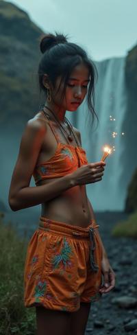 photograph, concept art, aerial shot of a Vintage Desperate small Colombian Sister , she is holding a Matches