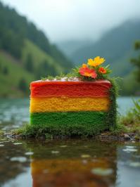 designed by Li Wei , photograph, masterpiece, ground level shot of a Rasta cake slice