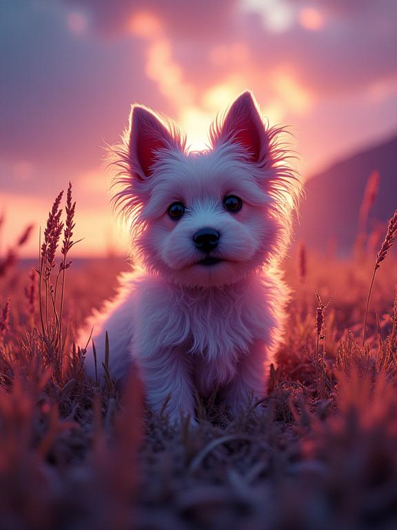 photograph, highly detailed, POV shot of a Flared Supernatural Maltese Puppy , inside a Space grass
