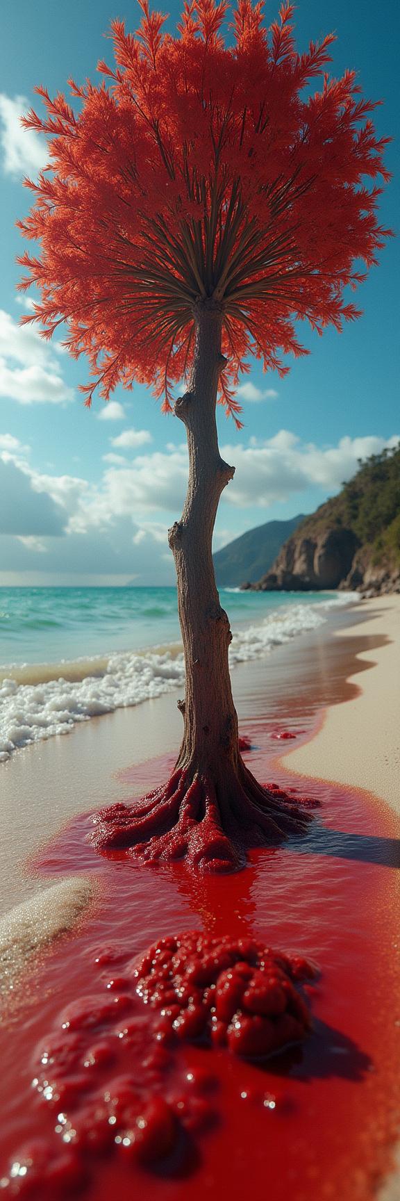 photograph, insane details, angle from below of a Attractive Raging Willow Tit of Blood with Affectionate parts, Remarkable beach in background