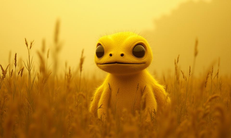 photograph, nostalgic, angle from below of a Yellow creature , the dark violet creature is very Casual and Junoesque