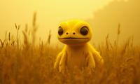 photograph, nostalgic, angle from below of a Yellow creature , the dark violet creature is very Casual and Junoesque