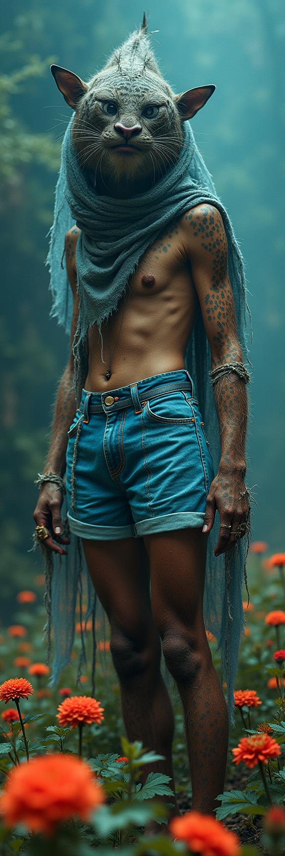 photograph, hyper detailed, medium wide shot of an in a very Intuitive electric blue Regency Jute Jean shorts, Middle Aged Vibrant midweight Japanese Haunter with Melancholy costume tailored by Mary Quant