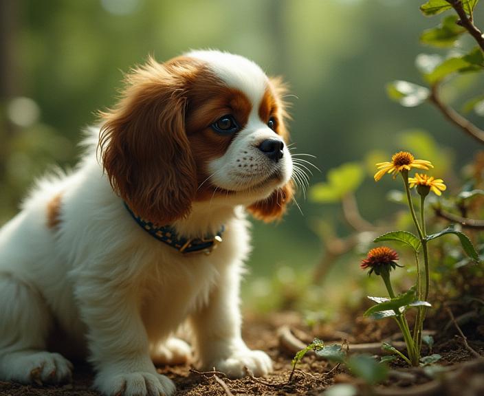 art by Koloman Moser , photograph, fairy tale, medium close up shot of a s Kitsch and Psychedelia Warlike slim Industrial Cavalier King Charles Spaniel Puppy with contrasting colors patterns