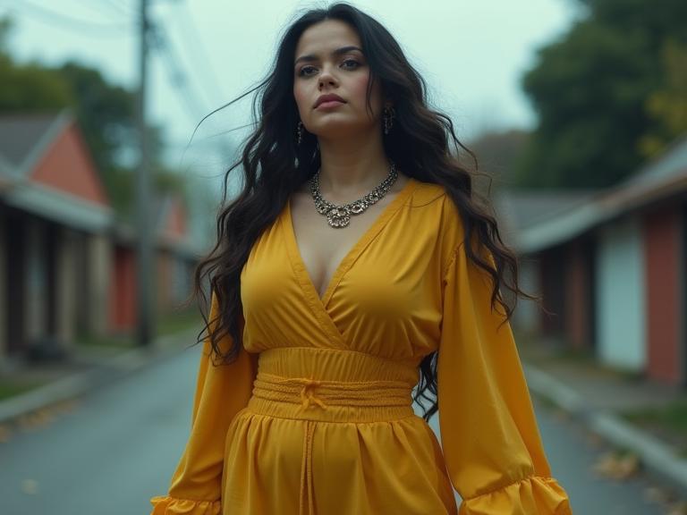 photograph, Bombacore, fairy tale, wide shot of a Villaincore Loyal portly traditional Jamaican Mila Kunis Elementalist