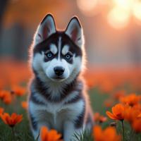 photograph, pretty, soft focus of a Ornate Great Siberian Husky Puppy , Sci fi indoors in background