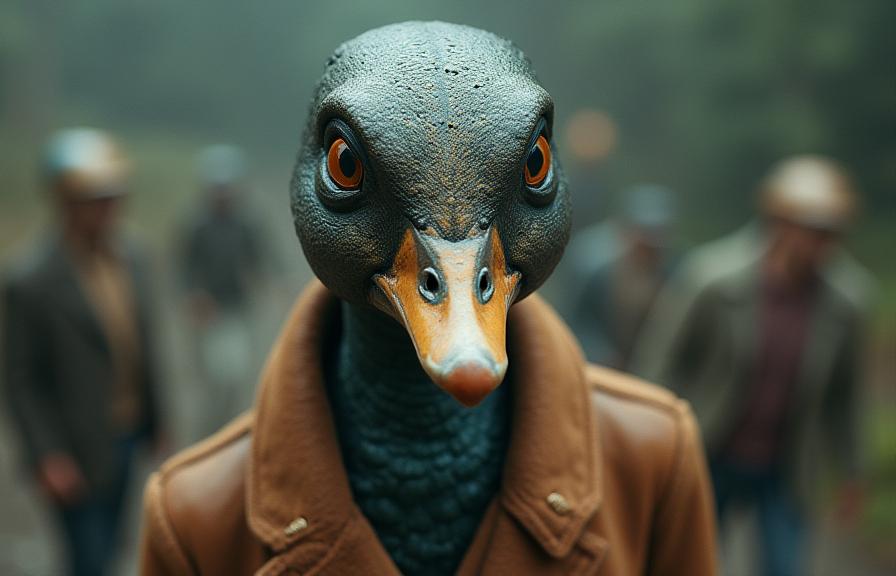 stylized by Vivian Maier and Herbert List and Thomas Edwin Mostyn , photograph, hyper detailed, overhead angle of a Metallic Overgrown slim Victorian Mandarin Duck with smooth skin Architect