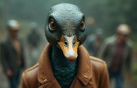 stylized by Vivian Maier and Herbert List and Thomas Edwin Mostyn , photograph, hyper detailed, overhead angle of a Metallic Overgrown slim Victorian Mandarin Duck with smooth skin Architect