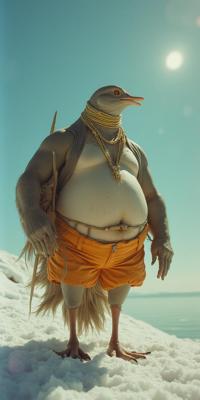 by Francesca Woodman and Richard Misrach , photograph, highly detailed, low angle shot of a Shaky Supernaturalist overweight Tang Dynasty anthropomorphic Northern Shoveler