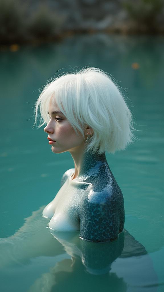 photograph, positive emotional, shot from side of a Interesting Exotic obese Huguenot Female Waterbender , the Waterbender has White hairstyle