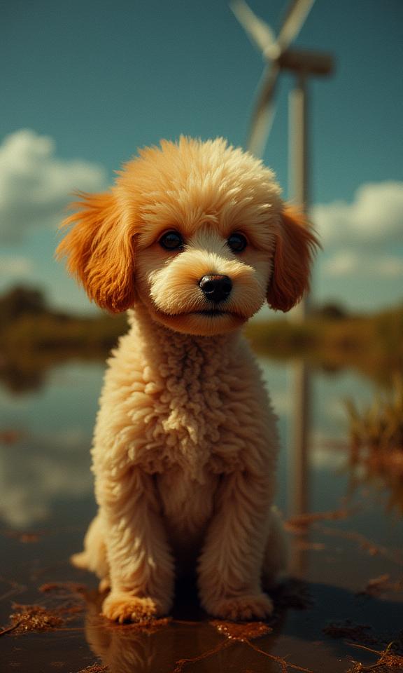 stylized by Terry O Neill and Steven Meisel and John Everett Millais and Thomas H fner , photograph, surreal, selfie shot angle of a Dreamy Meek Poodle Puppy imagined as a Fire pokemon