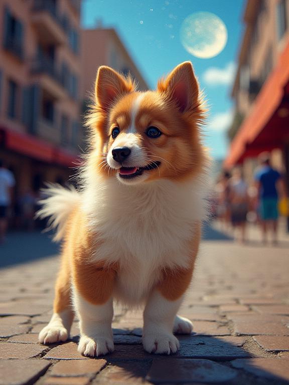 photograph, Energetic, elegant, side view shot of a Battle Dystopian Shetland Sheepdog Puppy with Gradient details