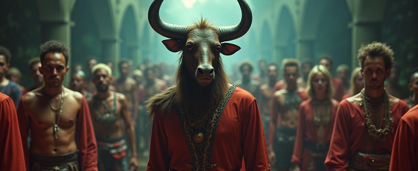 designed by Nickolas Muray and Helmut Newton and Brooke Shaden , photograph, masterpiece, high angle shot of a Despicable Sci fi light weight Viking Male Minotaur