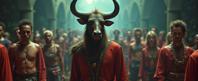 designed by Nickolas Muray and Helmut Newton and Brooke Shaden , photograph, masterpiece, high angle shot of a Despicable Sci fi light weight Viking Male Minotaur