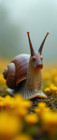 photograph, highly detailed, knee level shot of a large Hungarian head of a Snail , it is very Flimsy and Lively