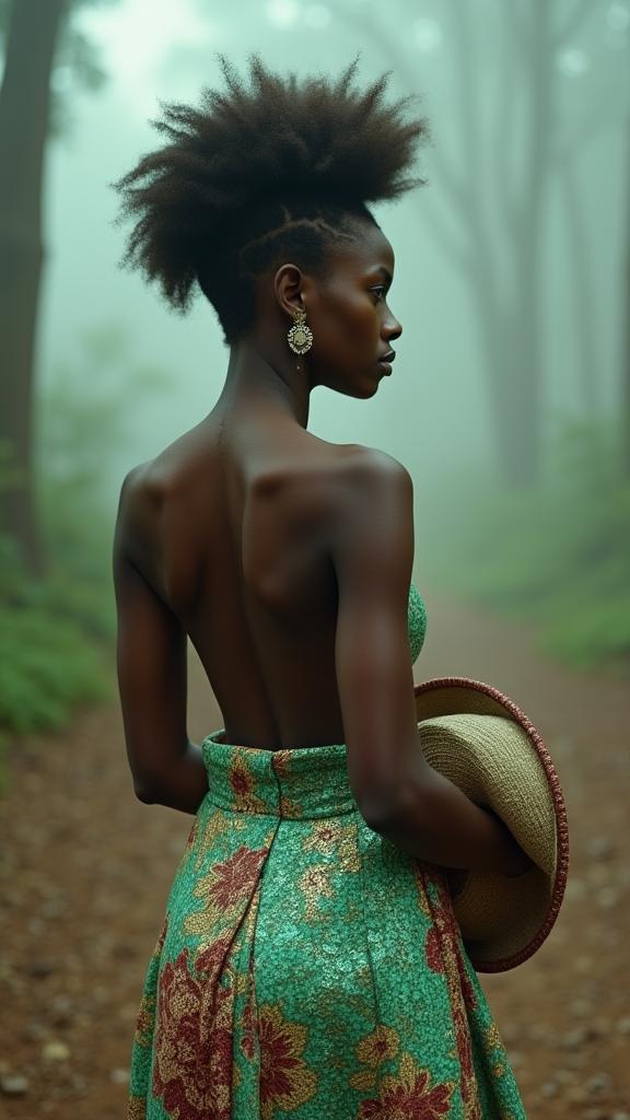 designed by Malick Sidib , photograph, intricate details, rear angle of a Messy Mosaic Like busty petite Malian Student Mirna