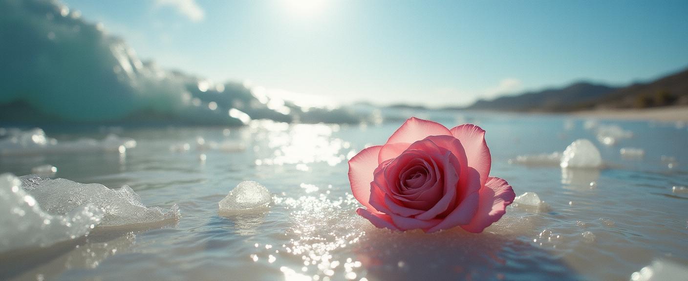photograph, medium wide shot of a Ruffled Icy The Realm of Memory , Elastic beach with Rose, Sunny