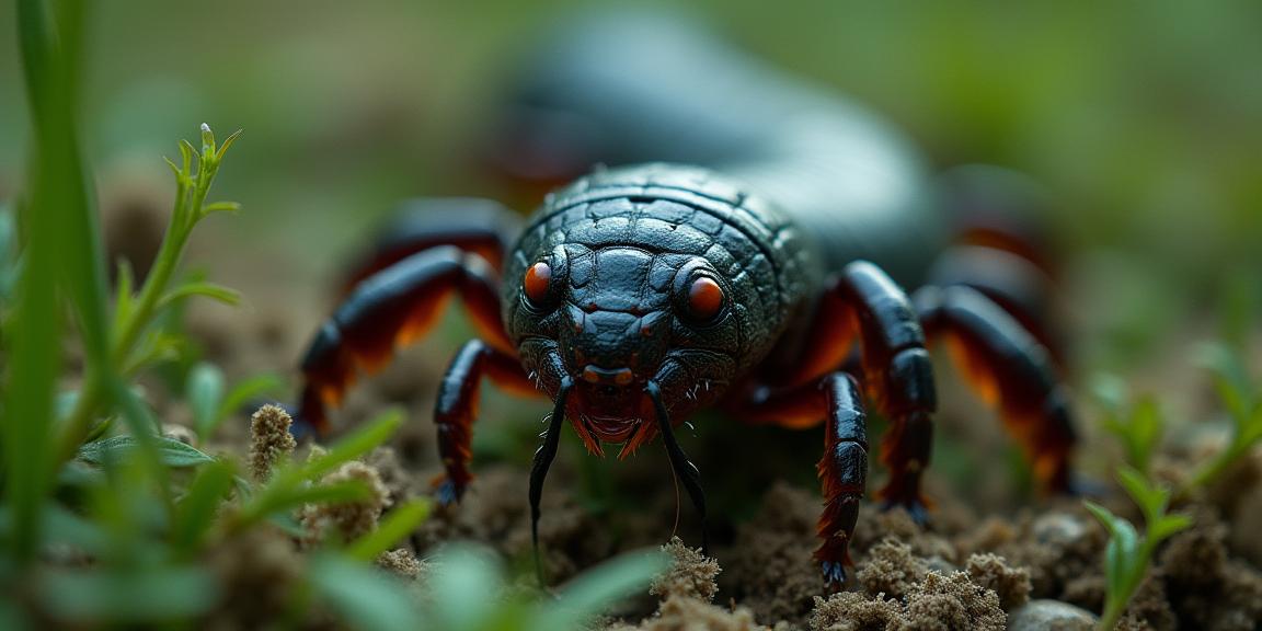 photograph, stylized, Fashion shot of a Flashy Young Centipede of Terror , Feathery garden in background